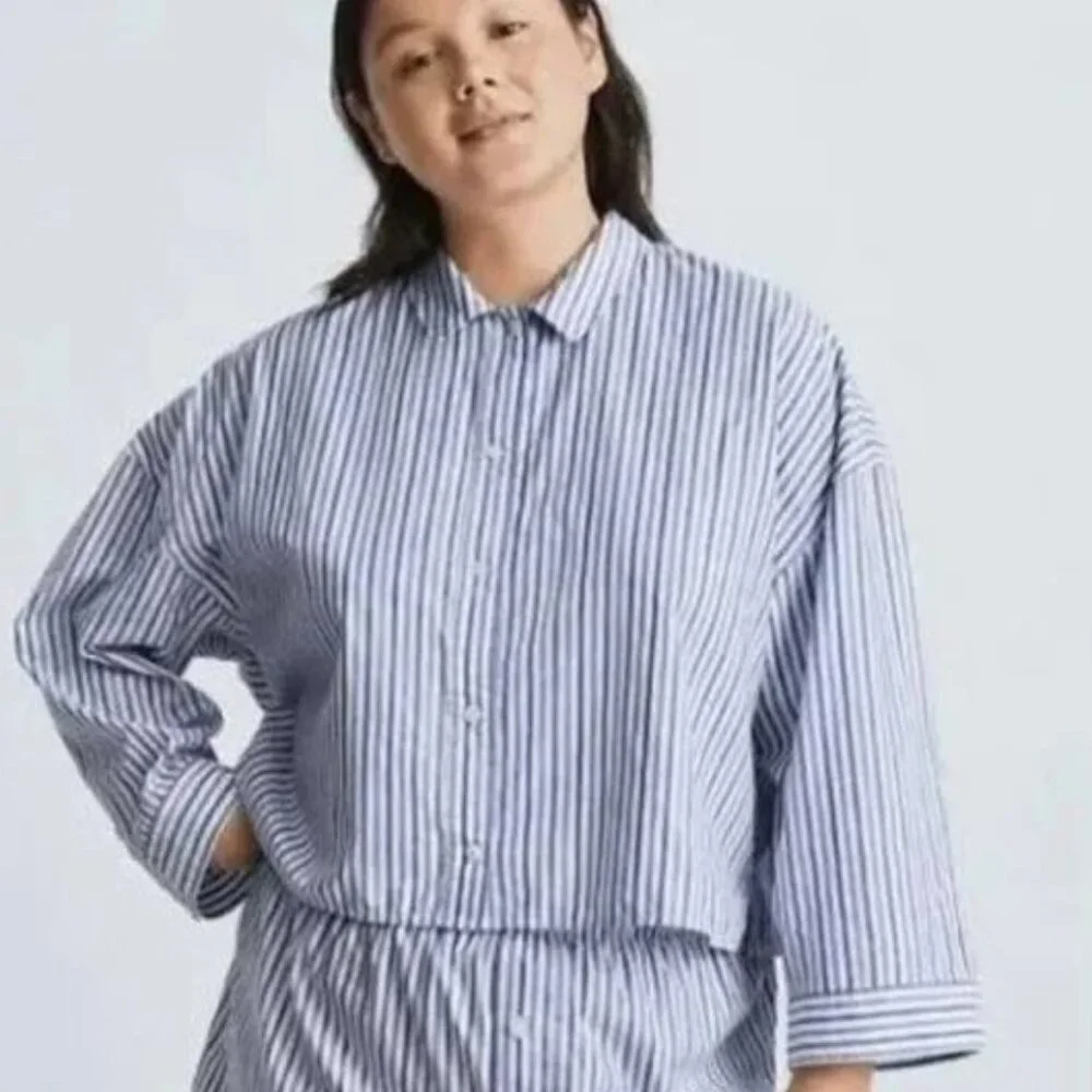 Everlane‎ Women's The Woven 100% Cotton Long Sleeve PJ Pajama Top, Blue Stripe